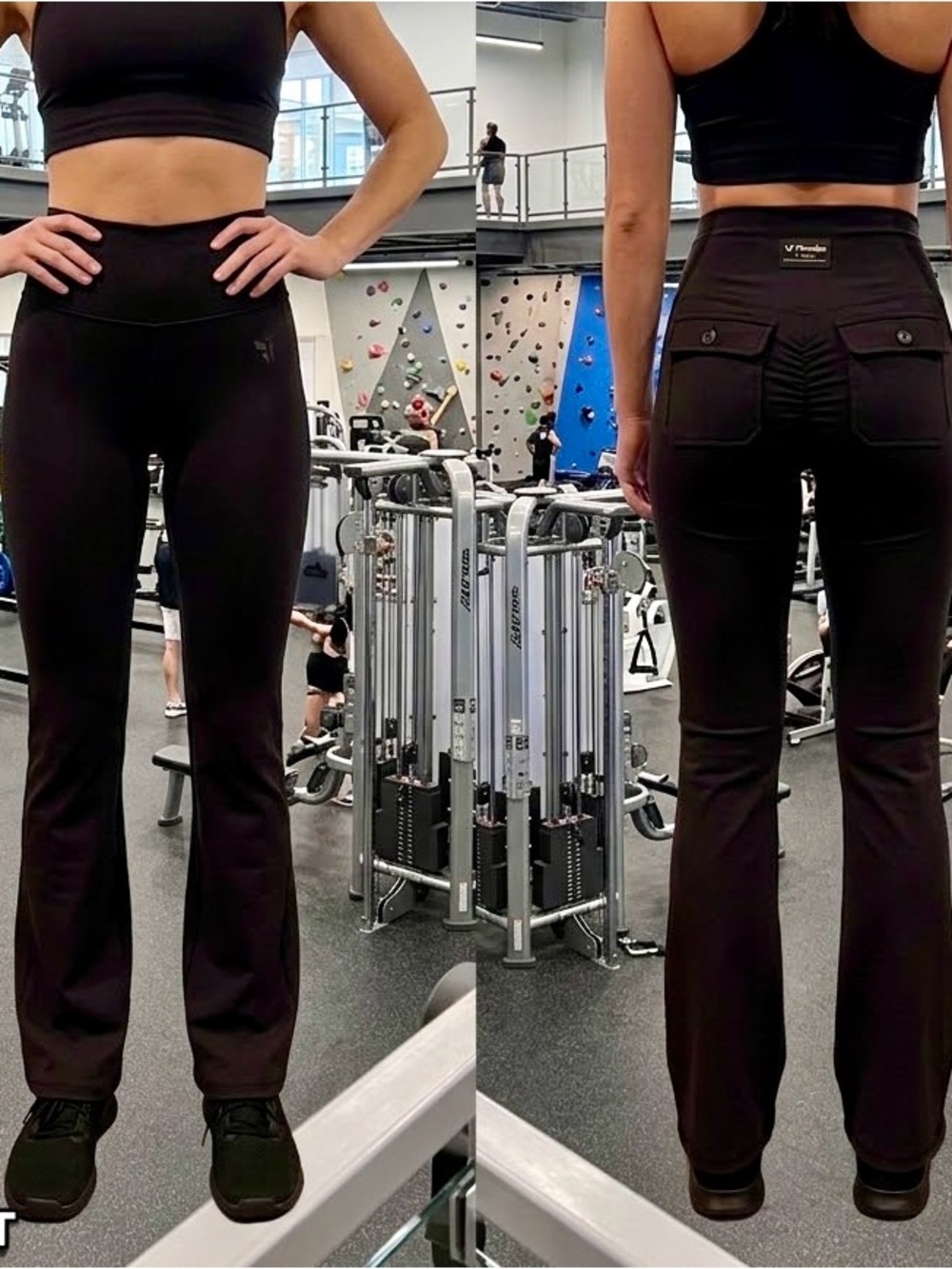 High-Rise Black Flare Leggings with Back Patch Pockets